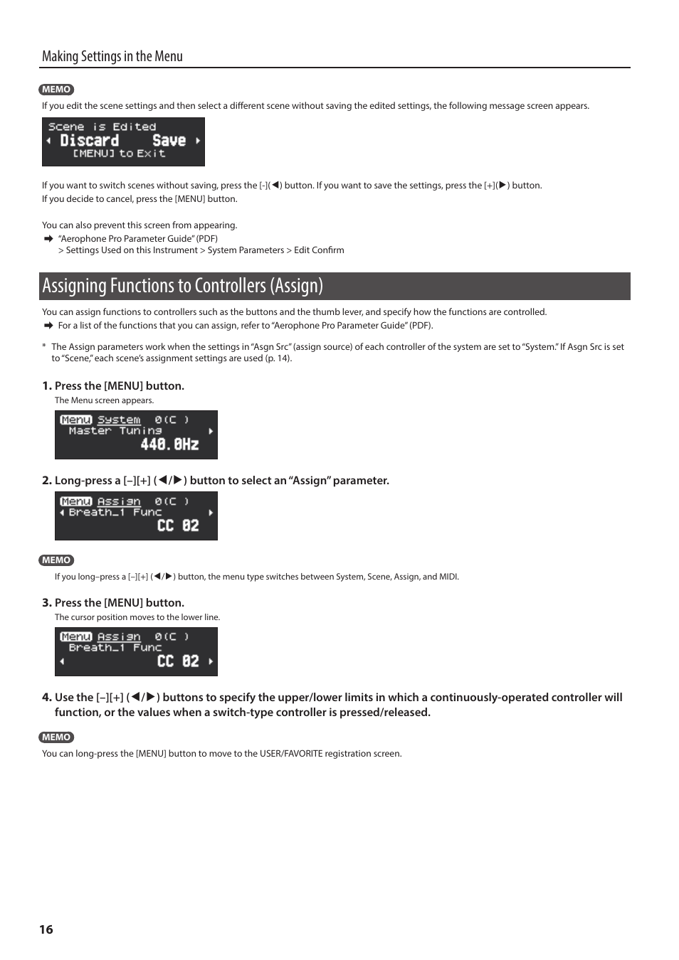 Assigning functions to controllers (assign), Making settings in the menu | Roland Aerophone Pro Digital Wind Instrument User Manual | Page 16 / 36