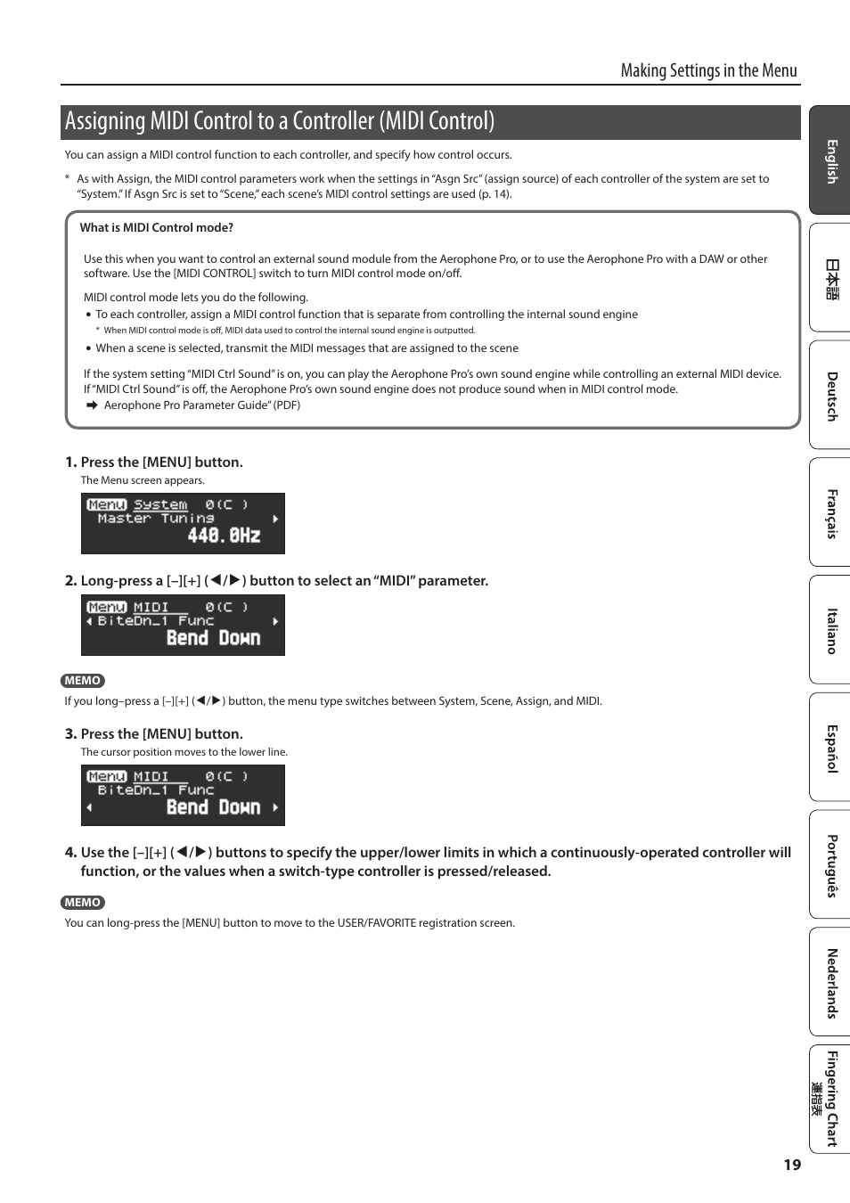 Making settings in the menu | Roland Aerophone Pro Digital Wind Instrument User Manual | Page 19 / 36