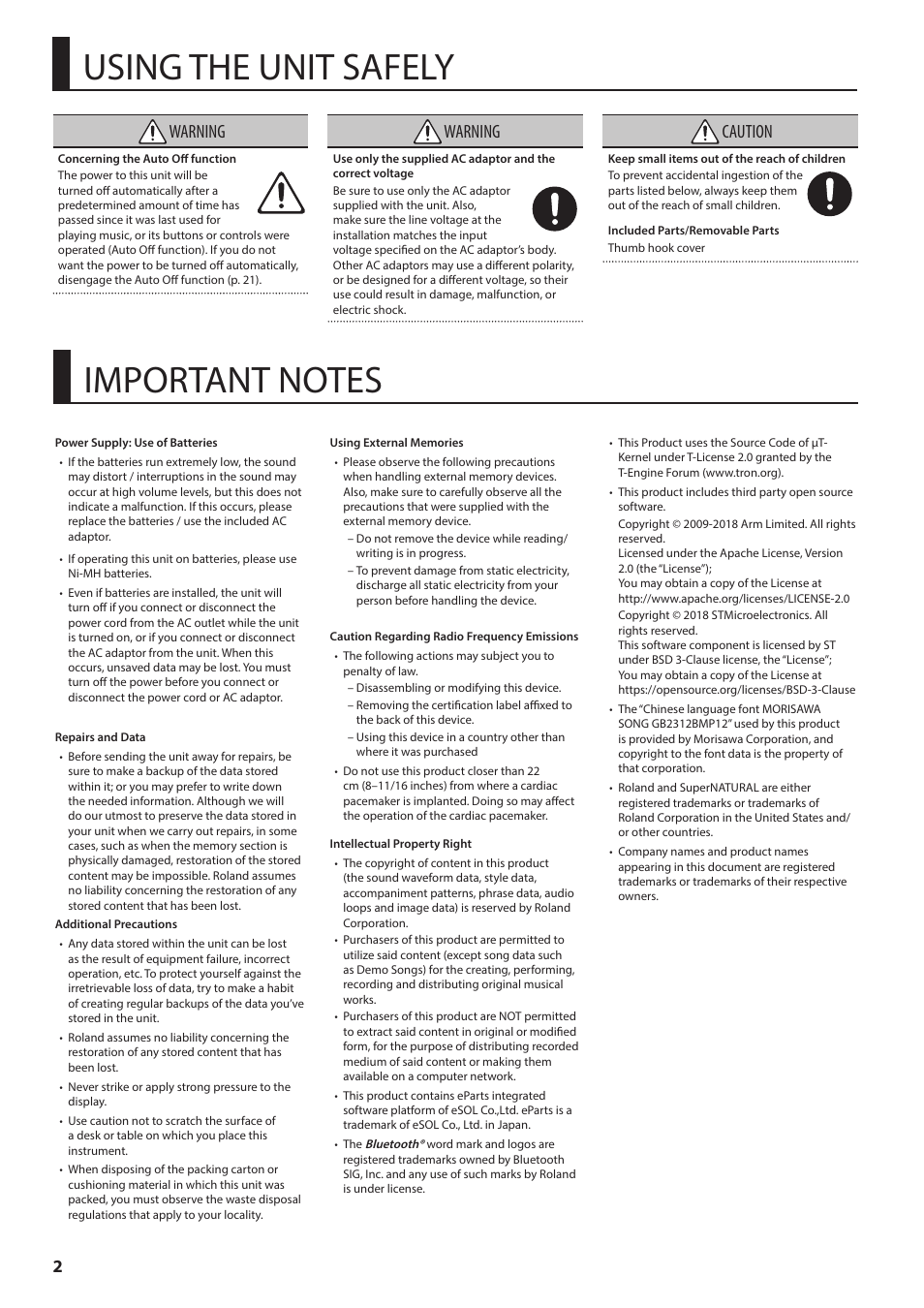 Using the unit safely, Important notes, Warning | Caution | Roland Aerophone Pro Digital Wind Instrument User Manual | Page 2 / 36