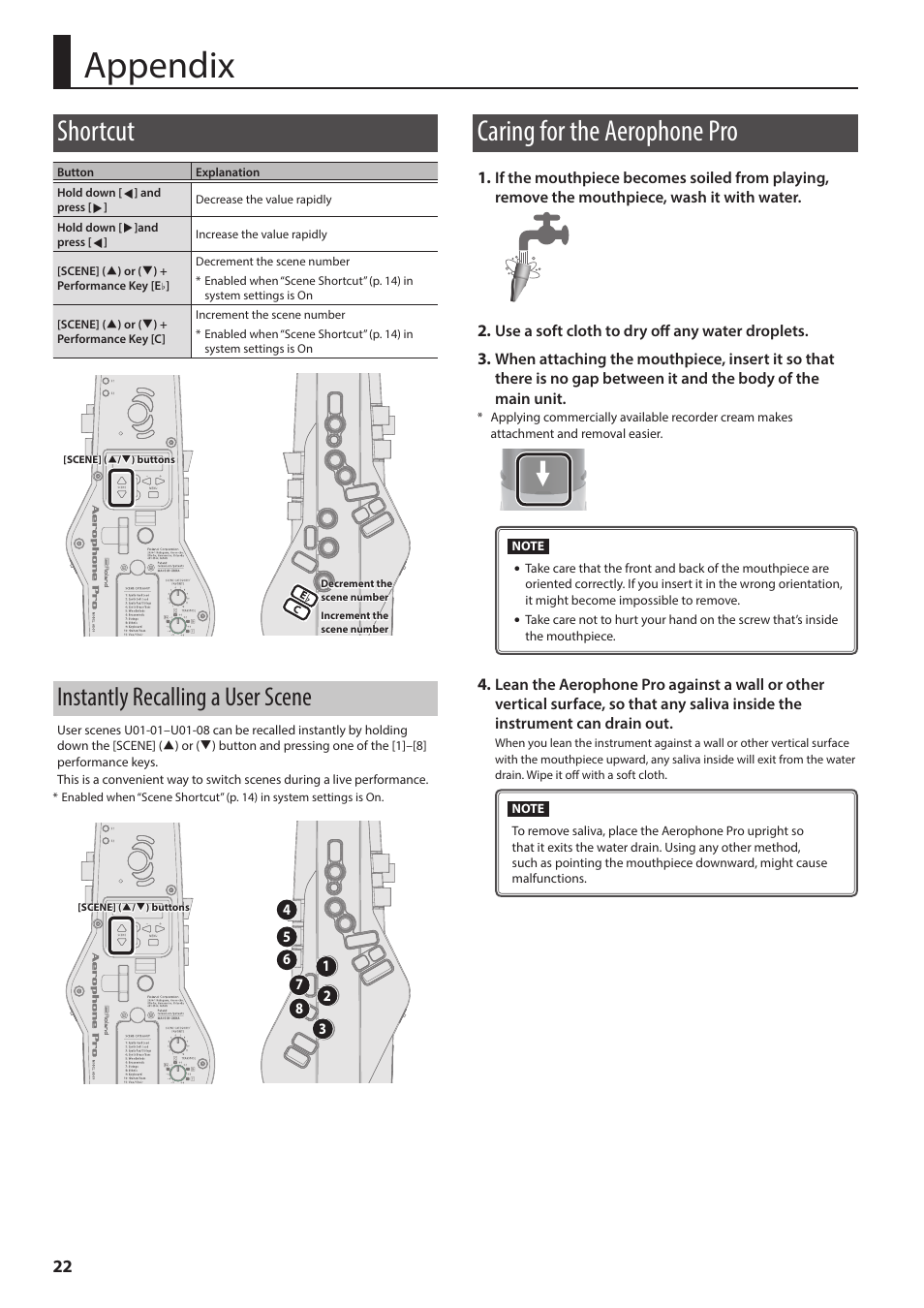 Appendix, Shortcut, Instantly recalling a user scene | Caring for the aerophone pro | Roland Aerophone Pro Digital Wind Instrument User Manual | Page 22 / 36