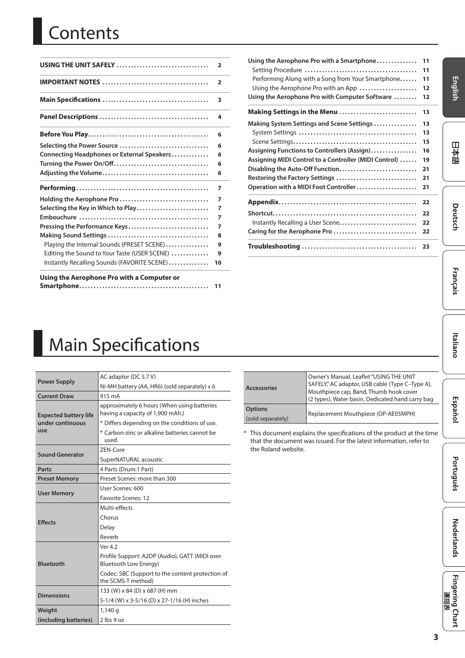 Roland Aerophone Pro Digital Wind Instrument User Manual | Page 3 / 36