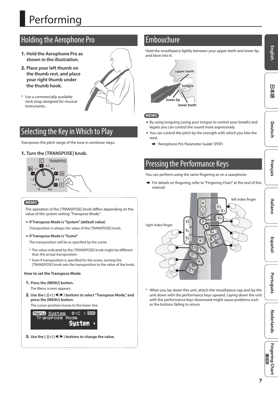 Performing, Holding the aerophone pro, Selecting the key in which to play | Embouchure, Pressing the performance keys, Embouchure” (p. 7), Pressing the performance keys” (p. 7), Holding the aerophone pro” (p. 7), Selecting the key in which to play” (p. 7) | Roland Aerophone Pro Digital Wind Instrument User Manual | Page 7 / 36