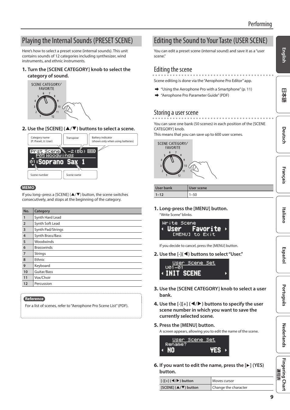 Playing the internal sounds (preset scene), Editing the sound to your taste (user scene), Storing a user scene” (p. 9) | Editing the scene, Storing a user scene, Performing | Roland Aerophone Pro Digital Wind Instrument User Manual | Page 9 / 36