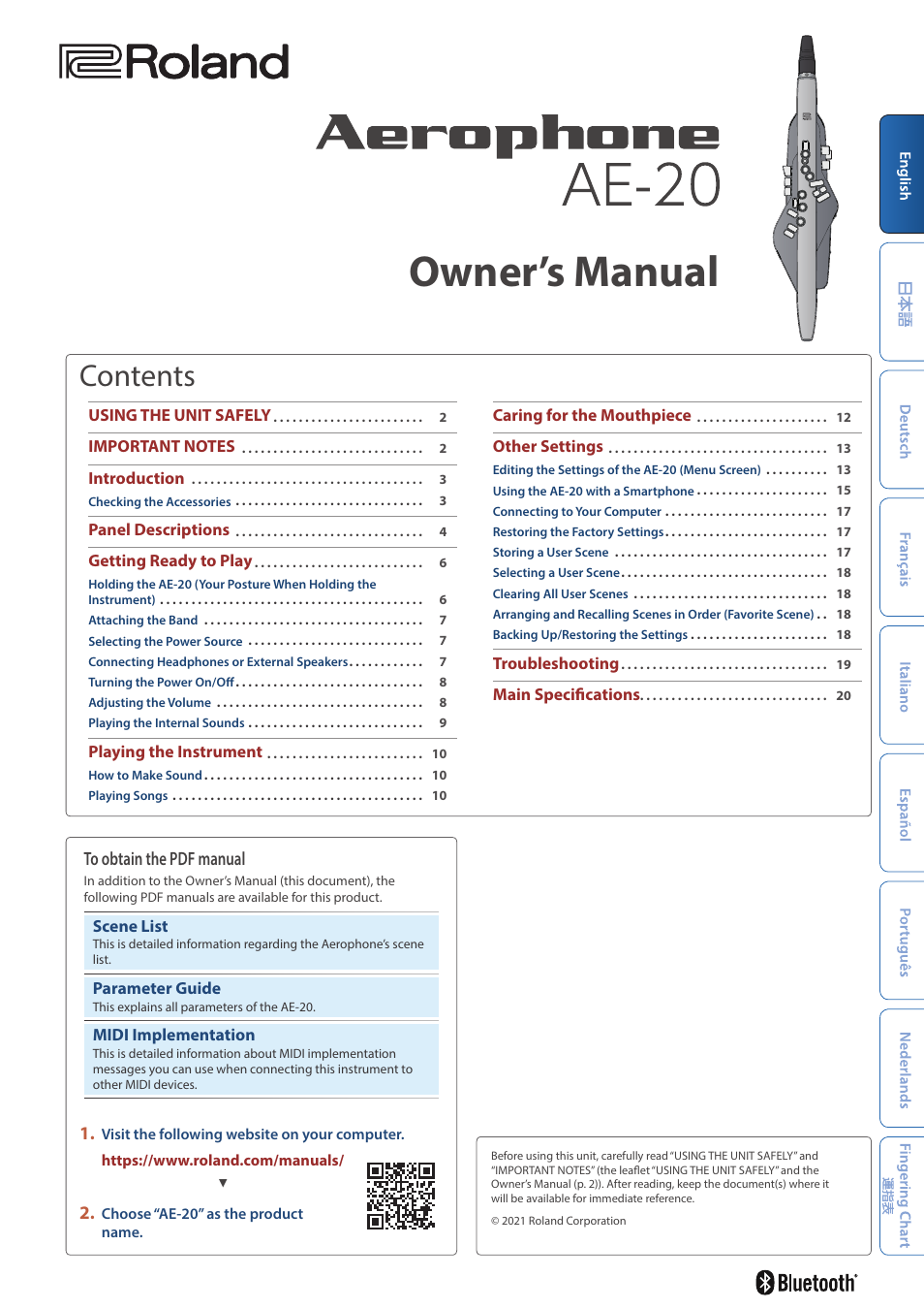 Roland Aerophone AE-20 Digital Wind Instrument User Manual | 31 pages