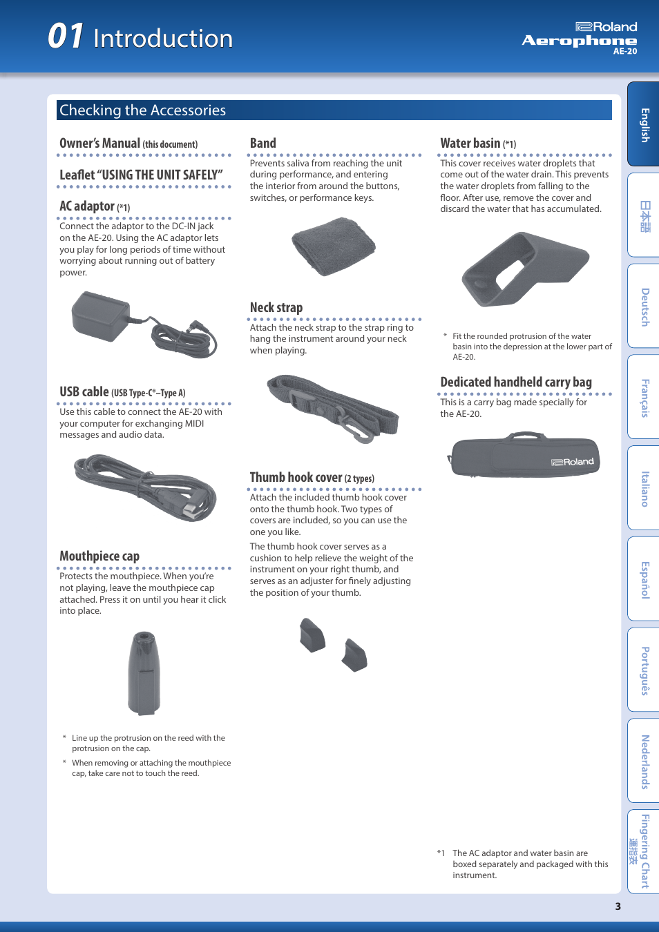 Introduction, Checking the accessories, Owner’s manual | Leaflet “using the unit safely” ac adaptor, Usb cable, Mouthpiece cap, Band, Neck strap, Thumb hook cover, Water basin | Roland Aerophone AE-20 Digital Wind Instrument User Manual | Page 3 / 31