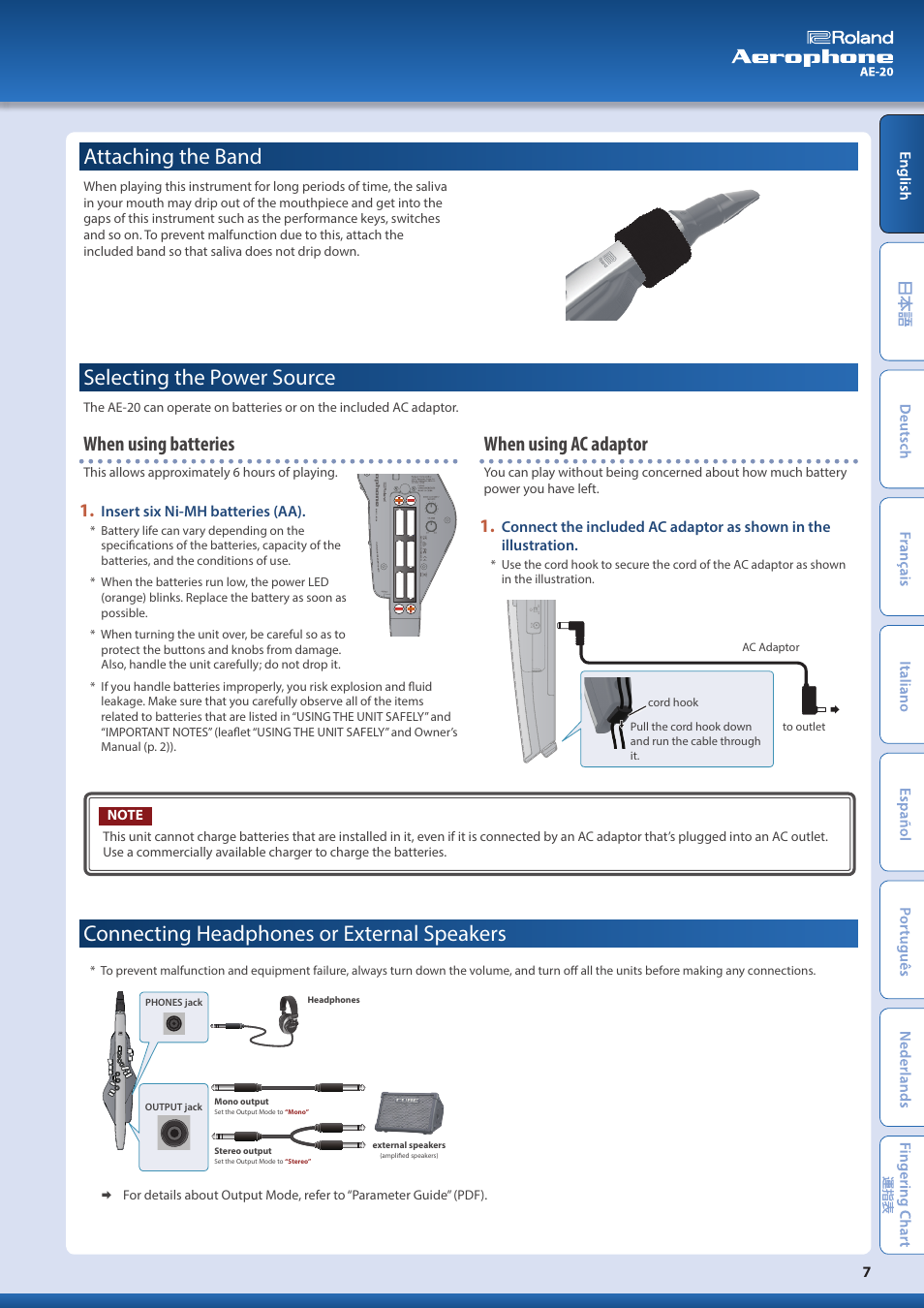 Attaching the band, Selecting the power source, Connecting headphones or external speakers | Selecting the power source” (p. 7), Connecting headphones or external speakers” (p. 7), When using batteries, When using ac adaptor | Roland Aerophone AE-20 Digital Wind Instrument User Manual | Page 7 / 31