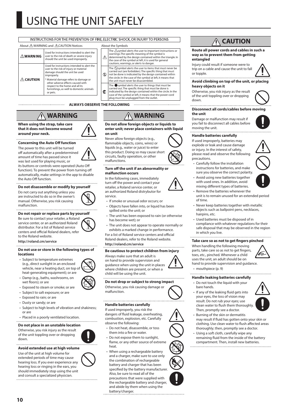 Using the unit safely, Ead “using the unit safely” (p. 10) and, Warning | Caution | Roland Aerophone GO Digital Wind Instrument User Manual | Page 10 / 16