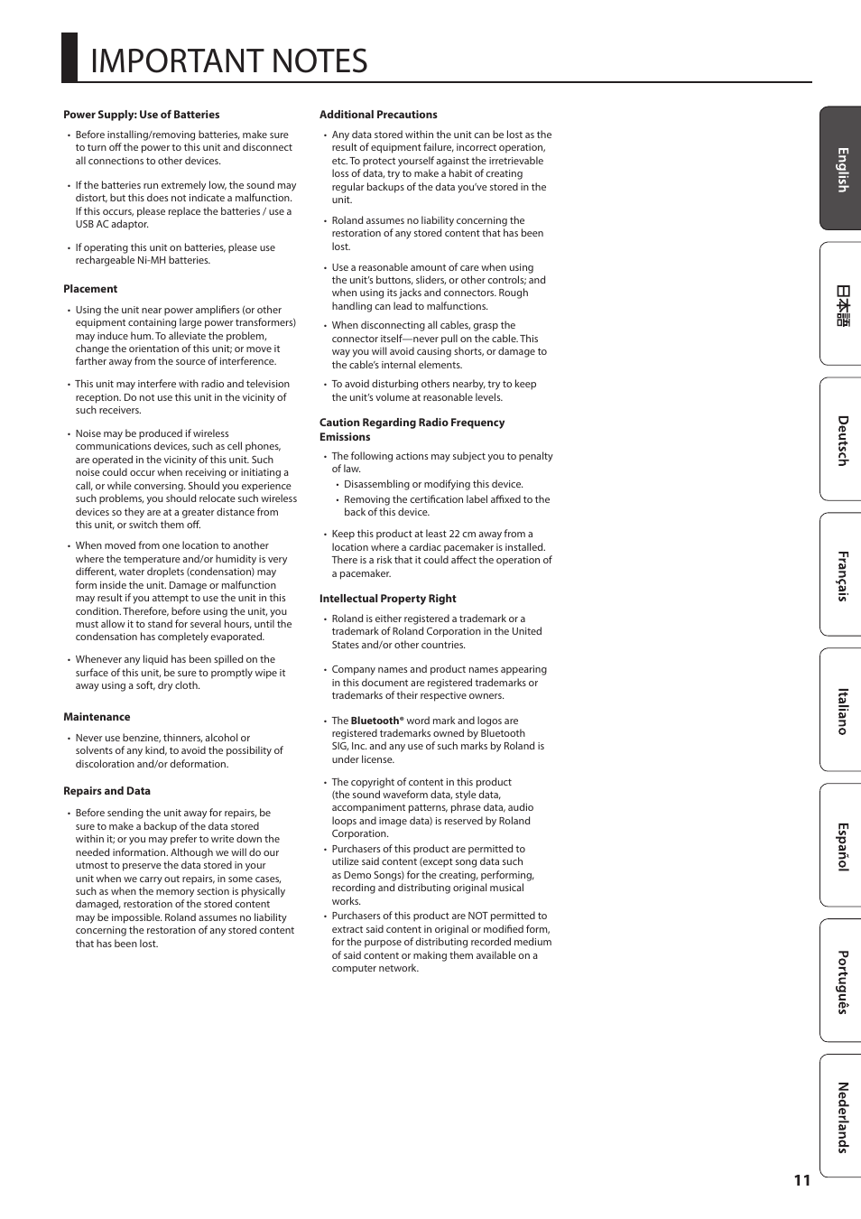 Important notes, Important notes” (p. 11). a | Roland Aerophone GO Digital Wind Instrument User Manual | Page 11 / 16