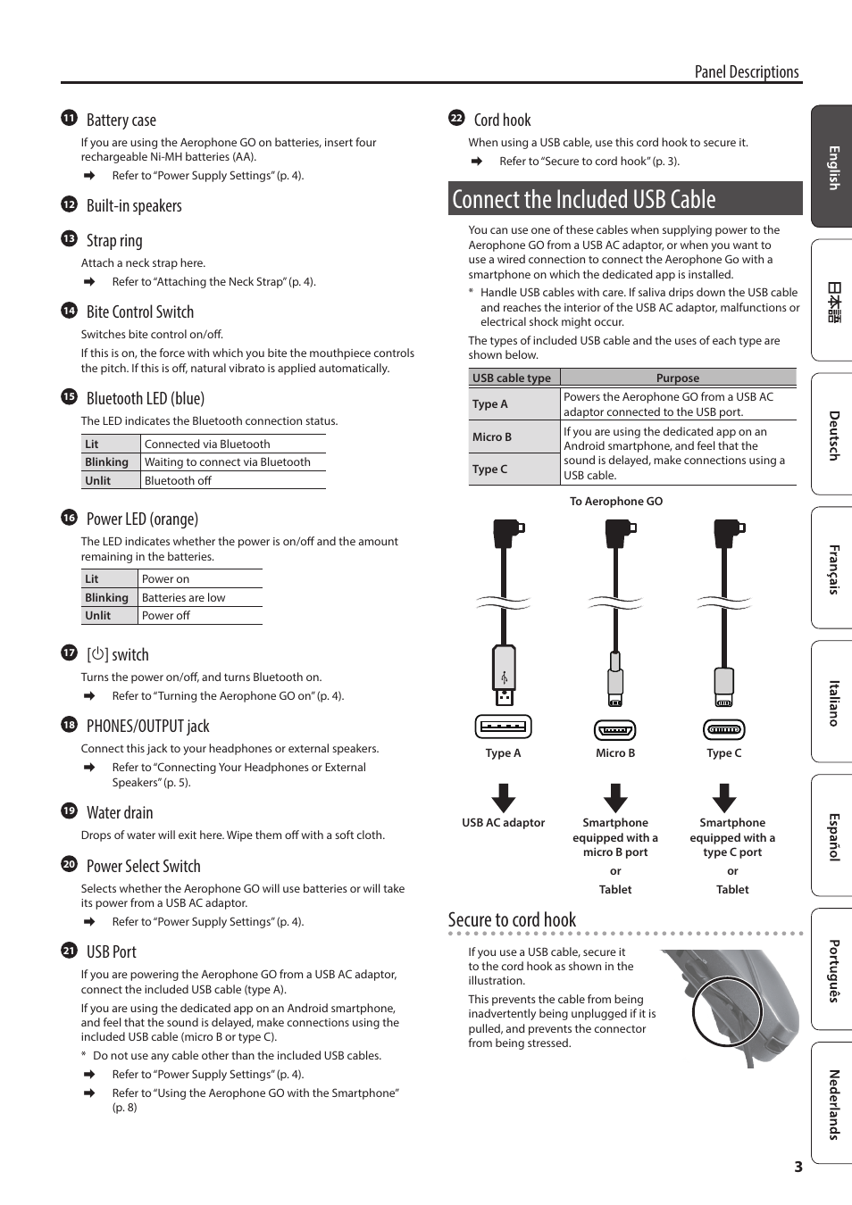 Connect the included usb cable, Secure to cord hook, Panel descriptions | Battery case, Built-in speakers, Strap ring, Bite control switch, Bluetooth led (blue), Power led (orange), L ] switch | Roland Aerophone GO Digital Wind Instrument User Manual | Page 3 / 16