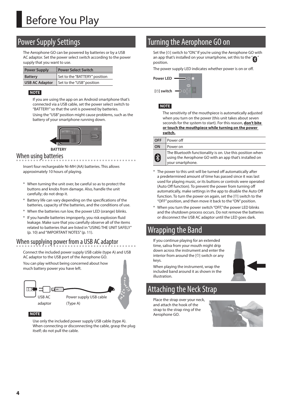 Before you play, Power supply settings, Turning the aerophone go on | Wrapping the band, Attaching the neck strap, O “power supply settings” (p. 4), O “attaching the neck strap” (p. 4), O “turning the aerophone go on” (p. 4), When using batteries, When supplying power from a usb ac adaptor | Roland Aerophone GO Digital Wind Instrument User Manual | Page 4 / 16