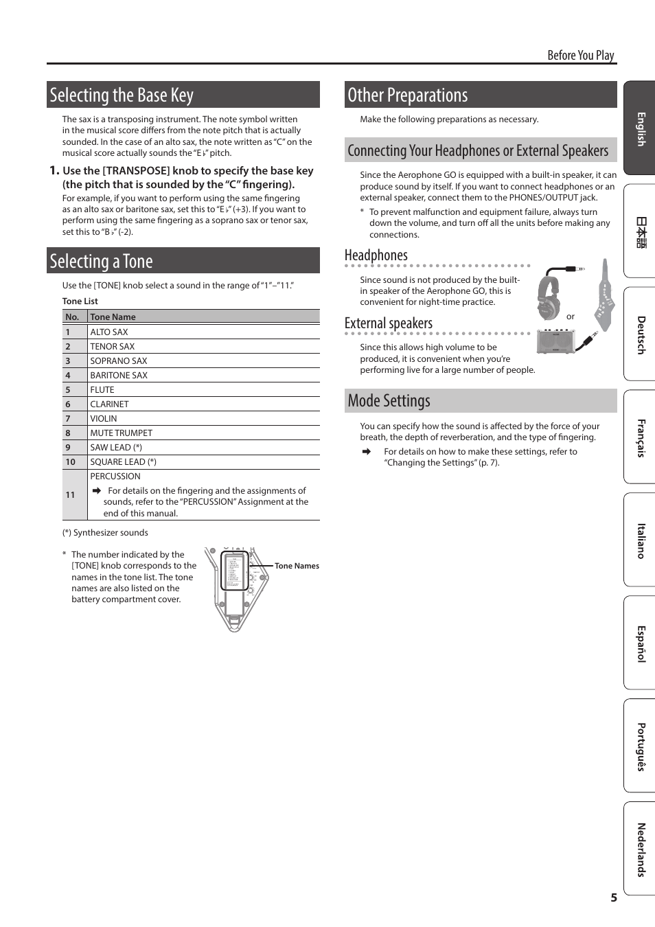 Selecting the base key, Selecting a tone, Other preparations | Connecting your headphones or external speakers, Mode settings, O “selecting a tone” (p. 5), O “selecting the base key” (p. 5), O “connecting your headphones or external, Speakers” (p. 5), Headphones | Roland Aerophone GO Digital Wind Instrument User Manual | Page 5 / 16