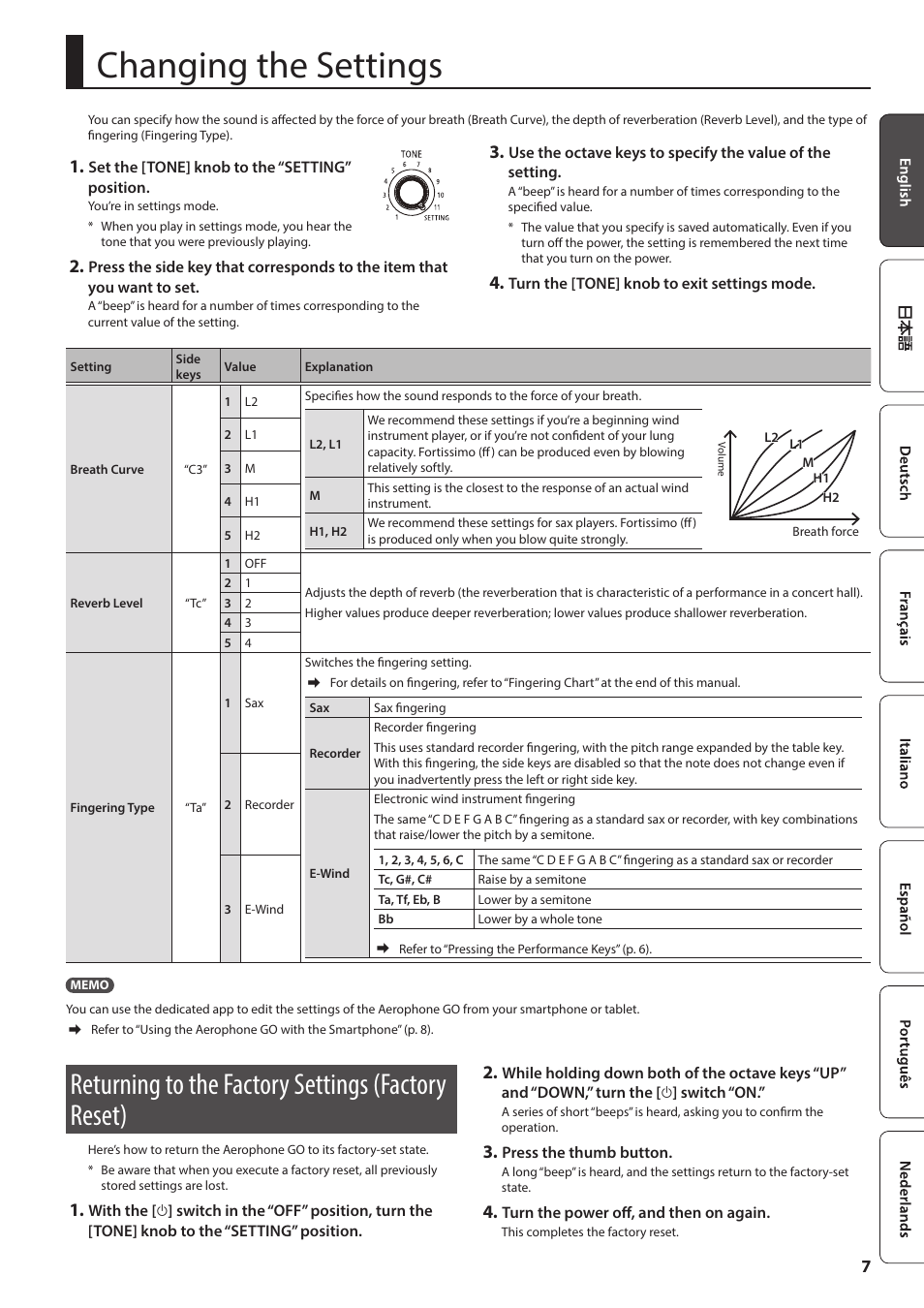 Changing the settings, Returning to the factory settings (factory reset), O “changing the settings” (p. 7) | Roland Aerophone GO Digital Wind Instrument User Manual | Page 7 / 16