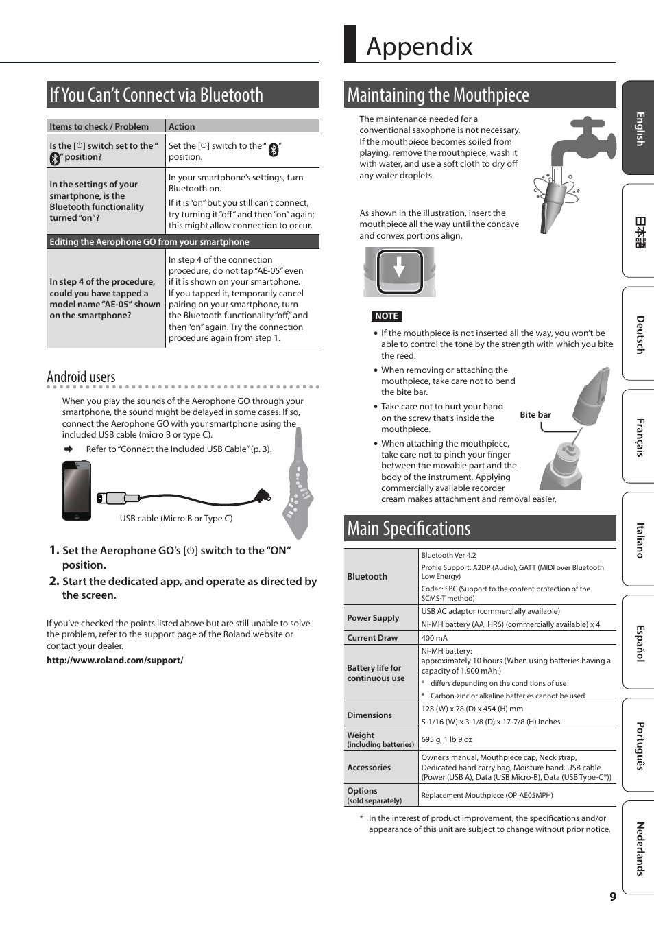 If you can’t connect via bluetooth, Appendix, Maintaining the mouthpiece | Main specifications, Android users | Roland Aerophone GO Digital Wind Instrument User Manual | Page 9 / 16
