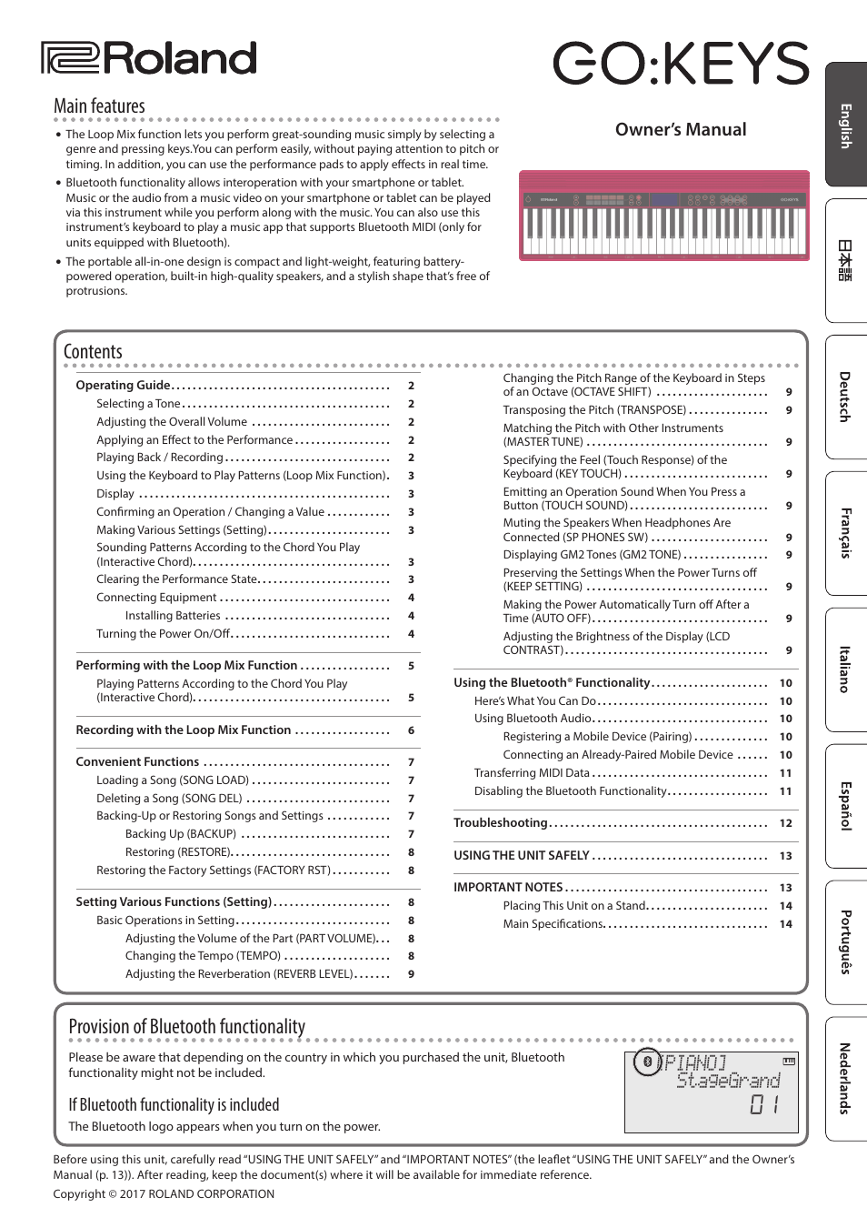 Roland GO:KEYS 61-Key Touch-Sensitive Portable Keyboard User Manual | 18 pages