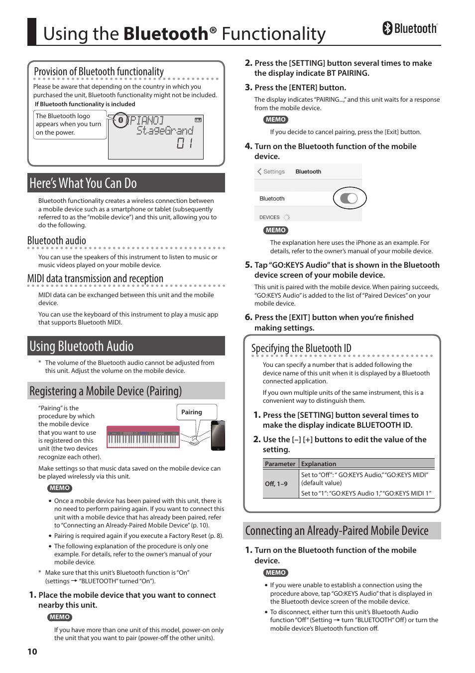 Using the bluetooth® functionality, Here’s what you can do, Using bluetooth audio | Registering a mobile device (pairing), Connecting an already-paired mobile device, Provision of bluetooth functionality, Bluetooth audio, Midi data transmission and reception, Specifying the bluetooth id, Piano] stagegrand | Roland GO:KEYS 61-Key Touch-Sensitive Portable Keyboard User Manual | Page 10 / 18