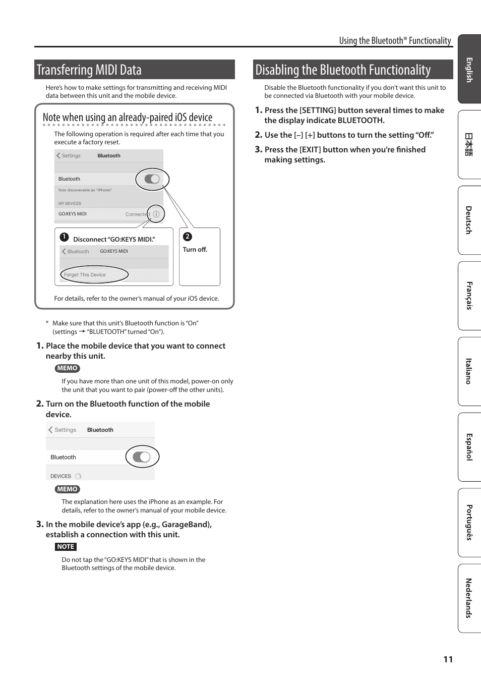 Transferring midi data, Disabling the bluetooth functionality, Using the bluetooth® functionality | Roland GO:KEYS 61-Key Touch-Sensitive Portable Keyboard User Manual | Page 11 / 18