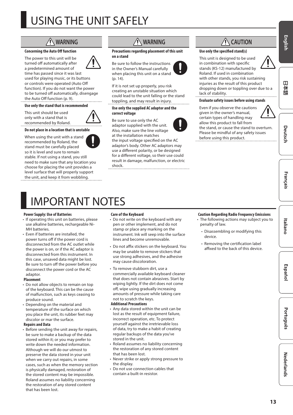 Using the unit safely, Important notes, Anual (p. 13)). a | Warning, Caution | Roland GO:KEYS 61-Key Touch-Sensitive Portable Keyboard User Manual | Page 13 / 18
