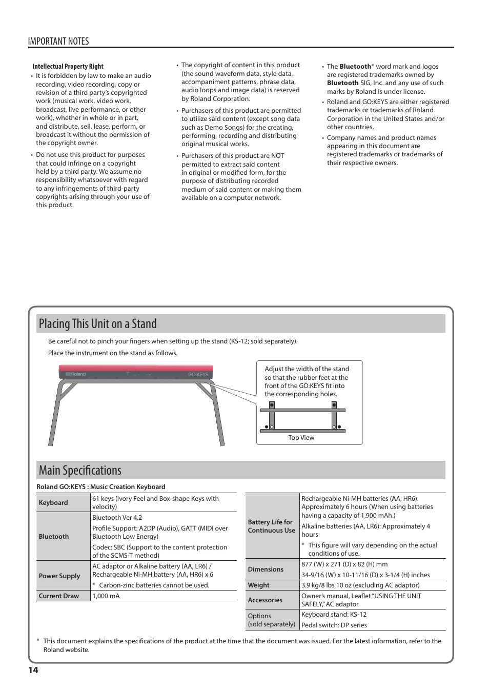 Placing this unit on a stand, Main specifications | Roland GO:KEYS 61-Key Touch-Sensitive Portable Keyboard User Manual | Page 14 / 18