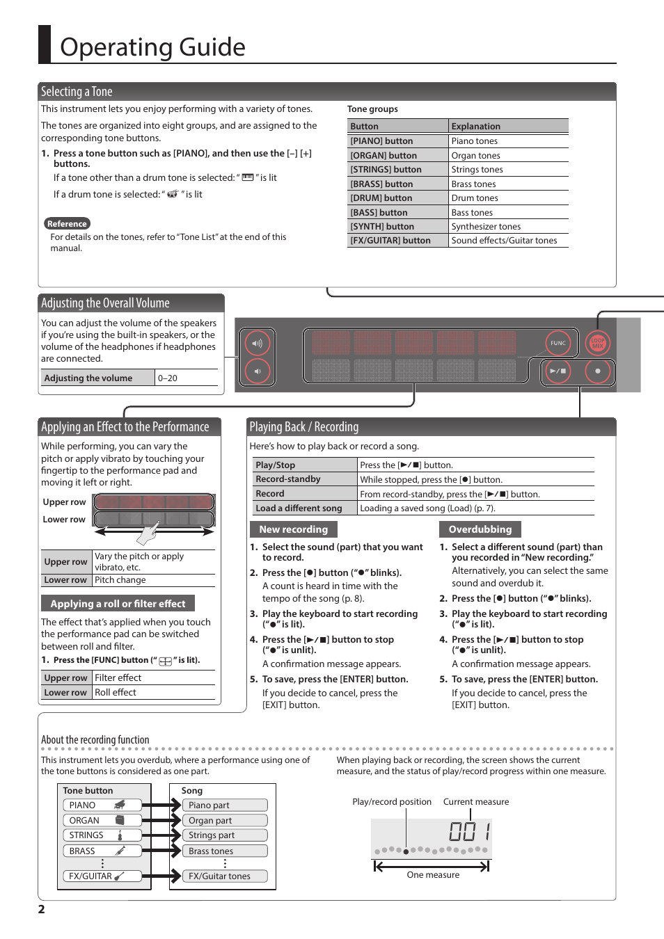 Operating guide, Selecting a tone, Adjusting the overall volume | Applying an effect to the performance, Playing back / recording | Roland GO:KEYS 61-Key Touch-Sensitive Portable Keyboard User Manual | Page 2 / 18