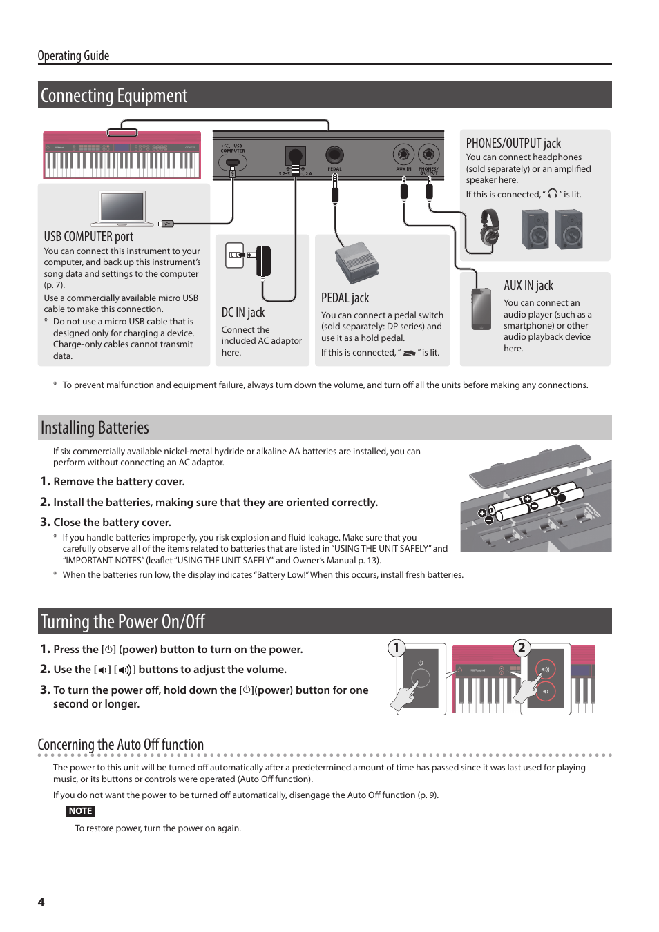 Connecting equipment, Installing batteries, Turning the power on/off | Concerning the auto off function, Operating guide, Usb computer port, Dc in jack, Pedal jack, Phones/output jack, Aux in jack | Roland GO:KEYS 61-Key Touch-Sensitive Portable Keyboard User Manual | Page 4 / 18