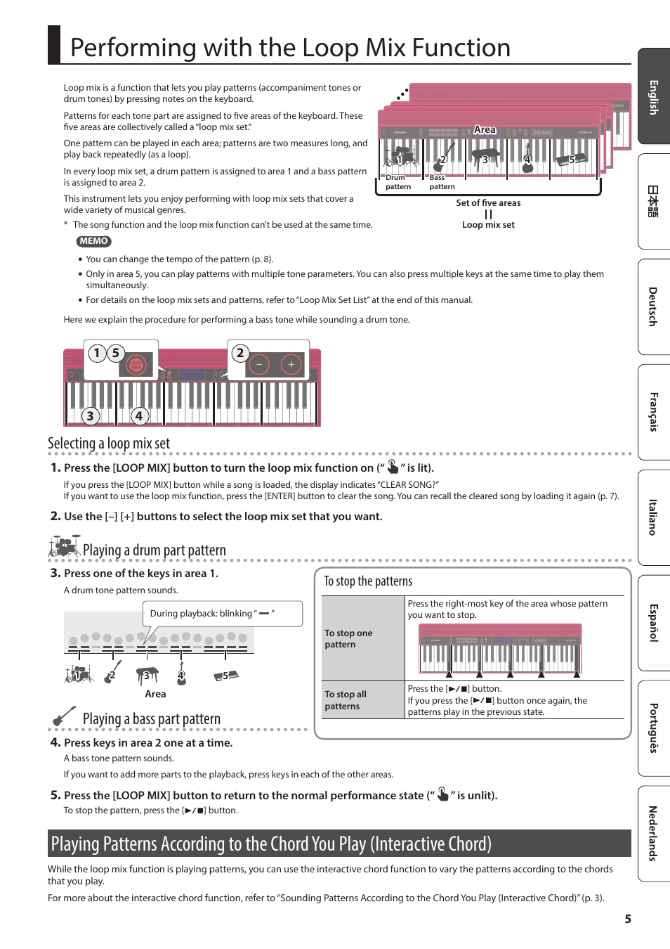 Performing with the loop mix function, Playing patterns according to the chord you play, Interactive chord) | Erns (p. 5, Selecting a loop mix set, Playing a drum part pattern, Playing a bass part pattern | Roland GO:KEYS 61-Key Touch-Sensitive Portable Keyboard User Manual | Page 5 / 18