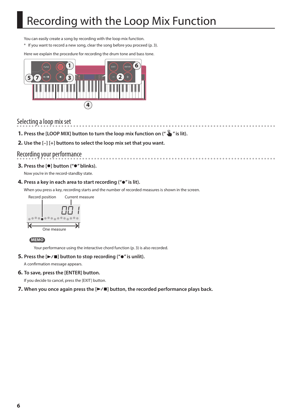 Recording with the loop mix function, Selecting a loop mix set, Recording your performance | Roland GO:KEYS 61-Key Touch-Sensitive Portable Keyboard User Manual | Page 6 / 18