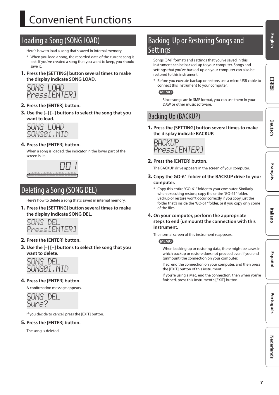Convenient functions, Loading a song (song load), Deleting a song (song del) | Backing-up or restoring songs and settings, Backing up (backup), Y loading it again (p. 7), Song load press[enter, Song load song01.mid, Song del press[enter, Song del song01.mid | Roland GO:KEYS 61-Key Touch-Sensitive Portable Keyboard User Manual | Page 7 / 18