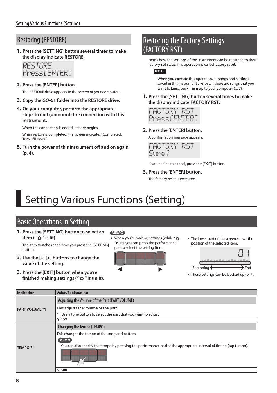 Restoring (restore), Restoring the factory settings (factory rst), Setting various functions (setting) | Basic operations in setting, Adjusting the volume of the part (part volume), Changing the tempo (tempo), Ume (p. 8), Restore press[enter, Factory rst press[enter, Factory rst sure | Roland GO:KEYS 61-Key Touch-Sensitive Portable Keyboard User Manual | Page 8 / 18