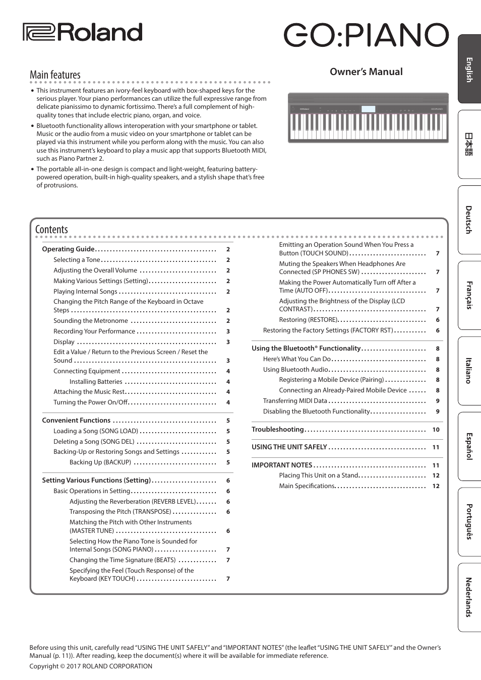 Roland GO:PIANO 61-Key Touch-Sensitive Portable Keyboard User Manual | 13 pages