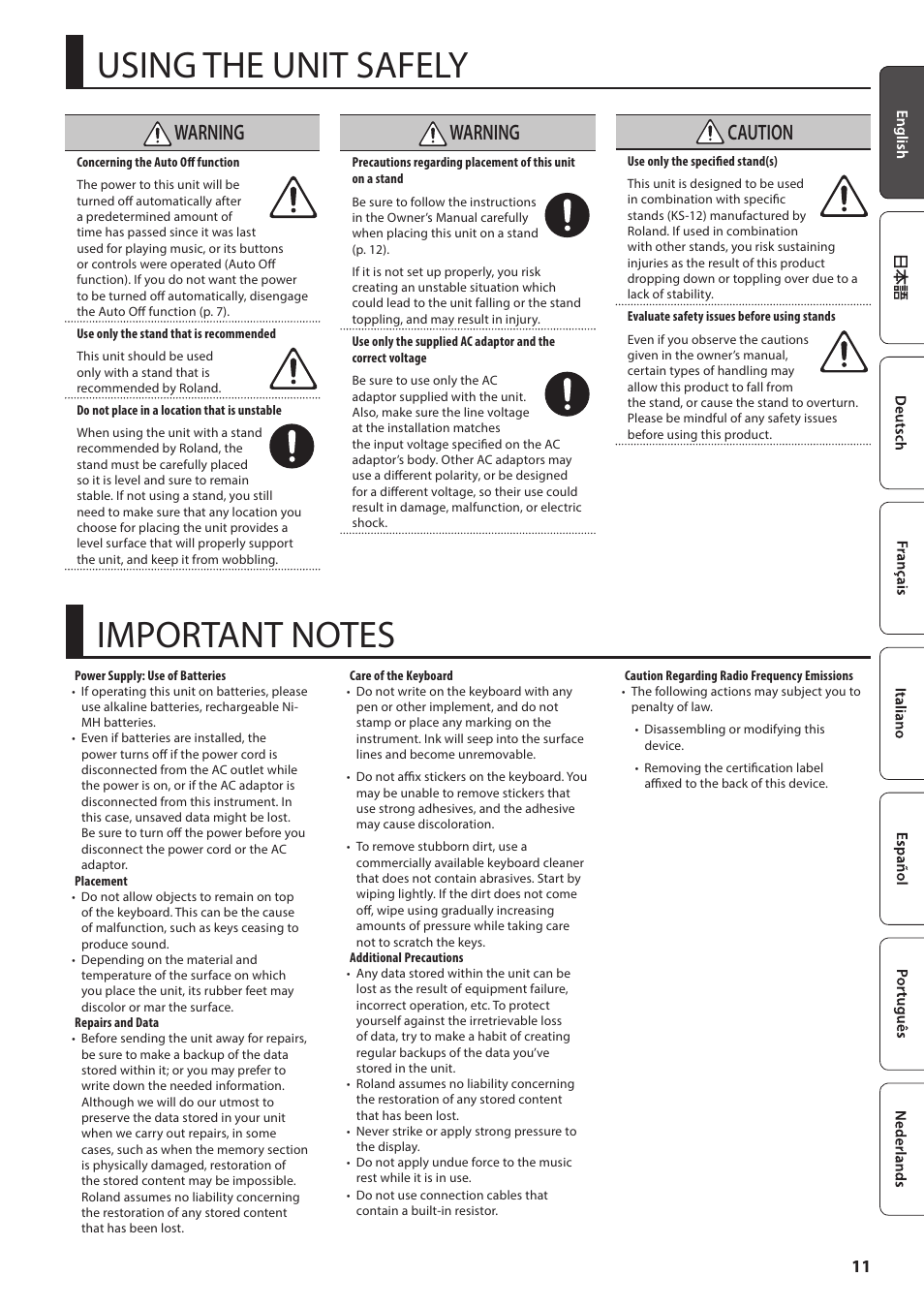 Using the unit safely, Important notes, Anual (p. 11)). a | Warning, Caution | Roland GO:PIANO 61-Key Touch-Sensitive Portable Keyboard User Manual | Page 11 / 13