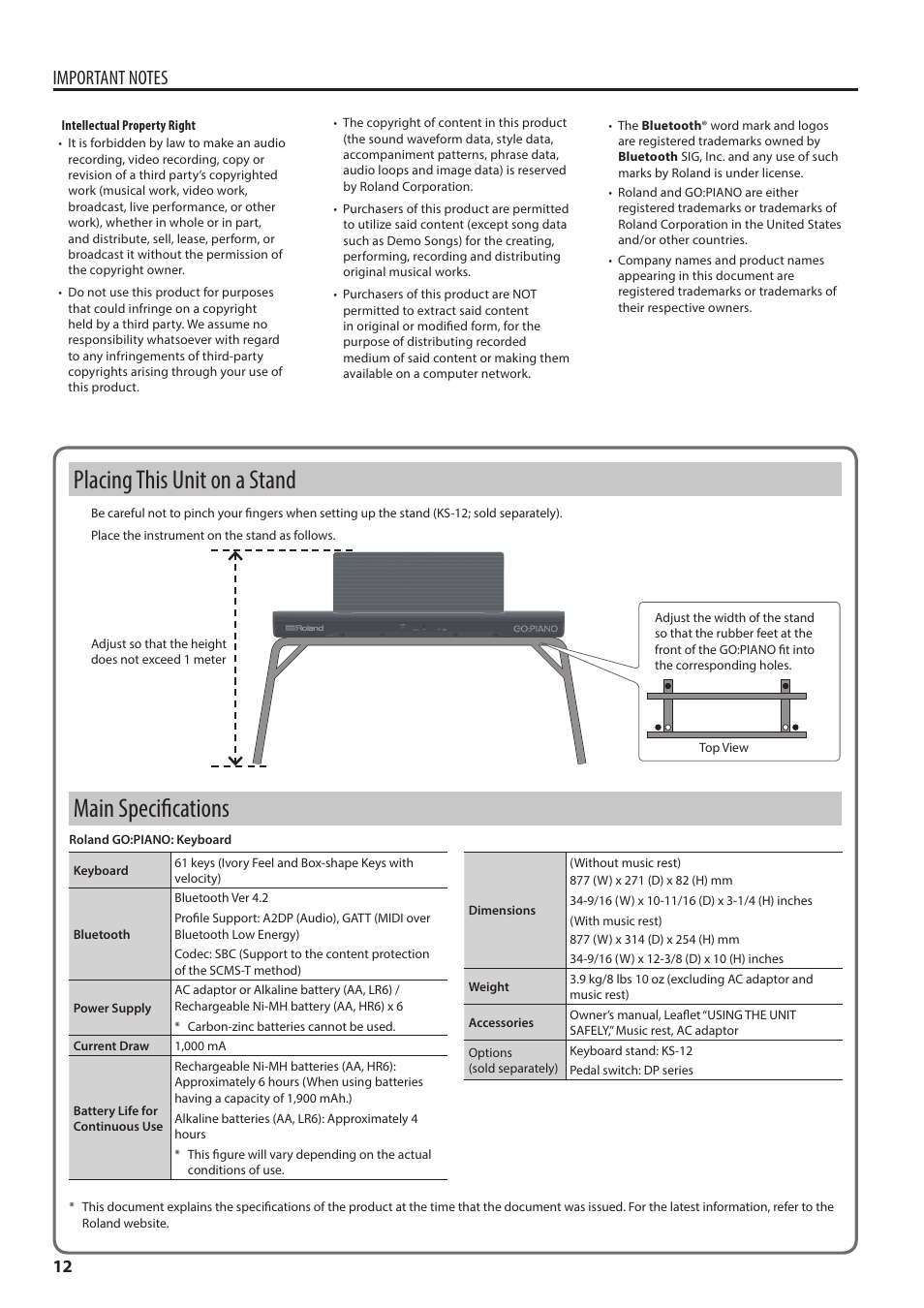Placing this unit on a stand, Main specifications | Roland GO:PIANO 61-Key Touch-Sensitive Portable Keyboard User Manual | Page 12 / 13
