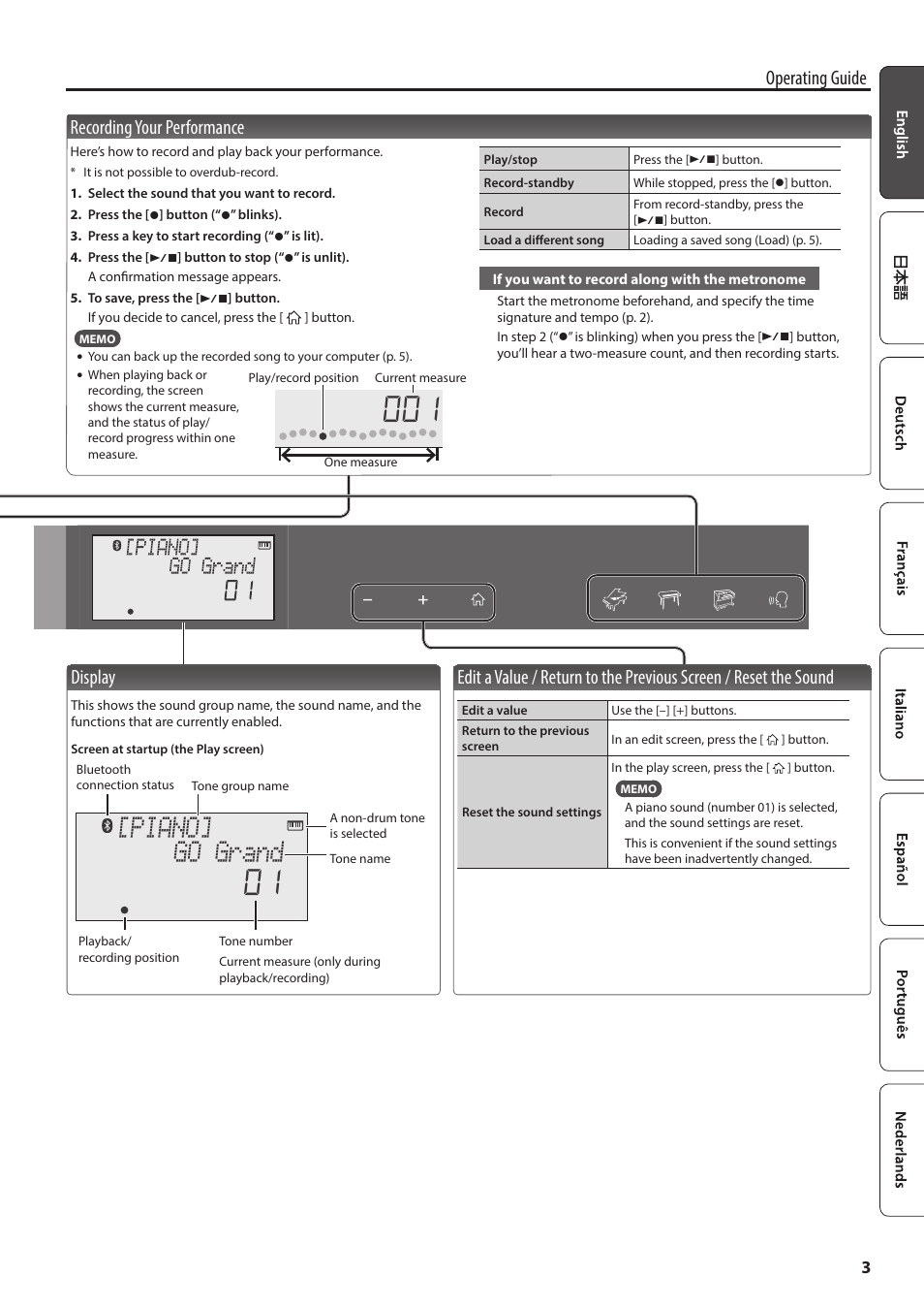 Recording your performance, Display, Sound | Piano] go grand | Roland GO:PIANO 61-Key Touch-Sensitive Portable Keyboard User Manual | Page 3 / 13