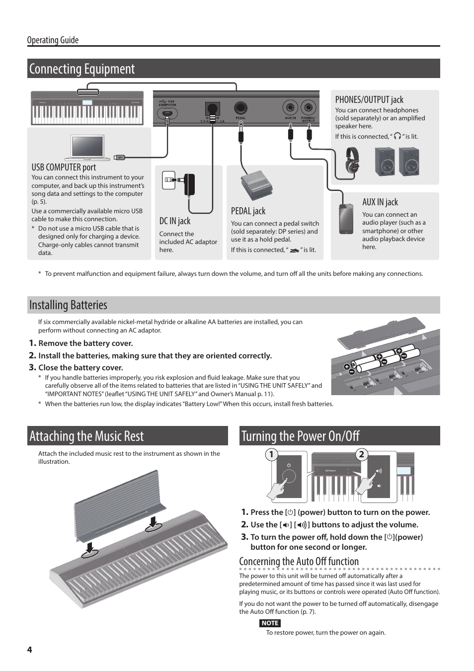 Connecting equipment, Installing batteries, Attaching the music rest | Turning the power on/off, Concerning the auto off function, Operating guide, Usb computer port, Phones/output jack, Dc in jack, Aux in jack | Roland GO:PIANO 61-Key Touch-Sensitive Portable Keyboard User Manual | Page 4 / 13