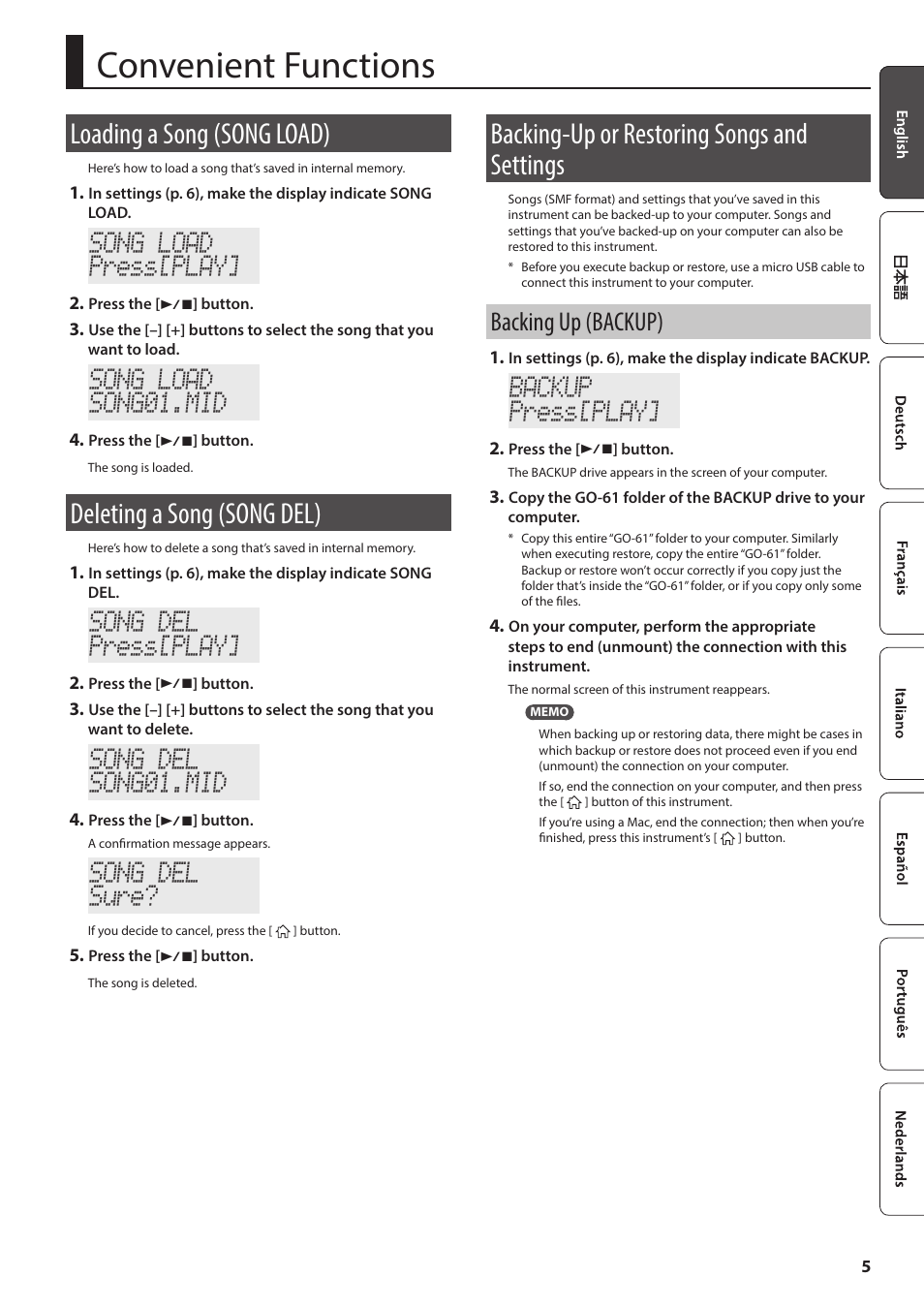 Convenient functions, Loading a song (song load), Deleting a song (song del) | Backing-up or restoring songs and settings, Backing up (backup), Song load press[play, Song load song01.mid, Song del press[play, Song del song01.mid, Song del sure | Roland GO:PIANO 61-Key Touch-Sensitive Portable Keyboard User Manual | Page 5 / 13