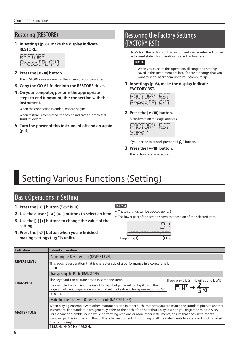 Setting various functions (setting), Basic operations in setting, Adjusting the reverberation (reverb level) | Transposing the pitch (transpose), Restoring (restore), Restoring the factory settings (factory rst), Matching the pitch with other instruments, Master tune), Ing settings (p. 6, Restore press[play | Roland GO:PIANO 61-Key Touch-Sensitive Portable Keyboard User Manual | Page 6 / 13