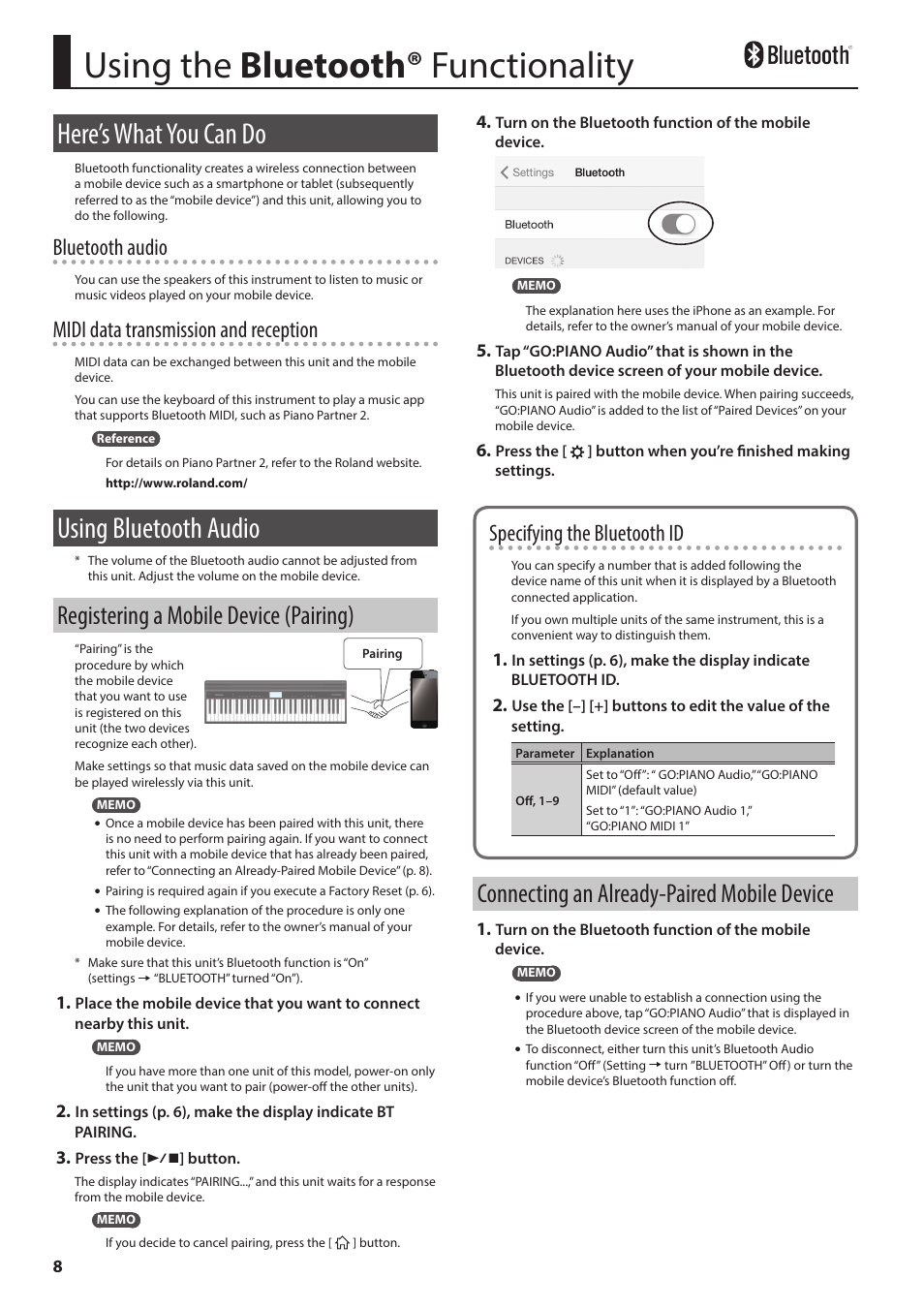 Using the bluetooth® functionality, Here’s what you can do, Using bluetooth audio | Registering a mobile device (pairing), Connecting an already-paired mobile device, Bluetooth audio, Midi data transmission and reception, Specifying the bluetooth id | Roland GO:PIANO 61-Key Touch-Sensitive Portable Keyboard User Manual | Page 8 / 13
