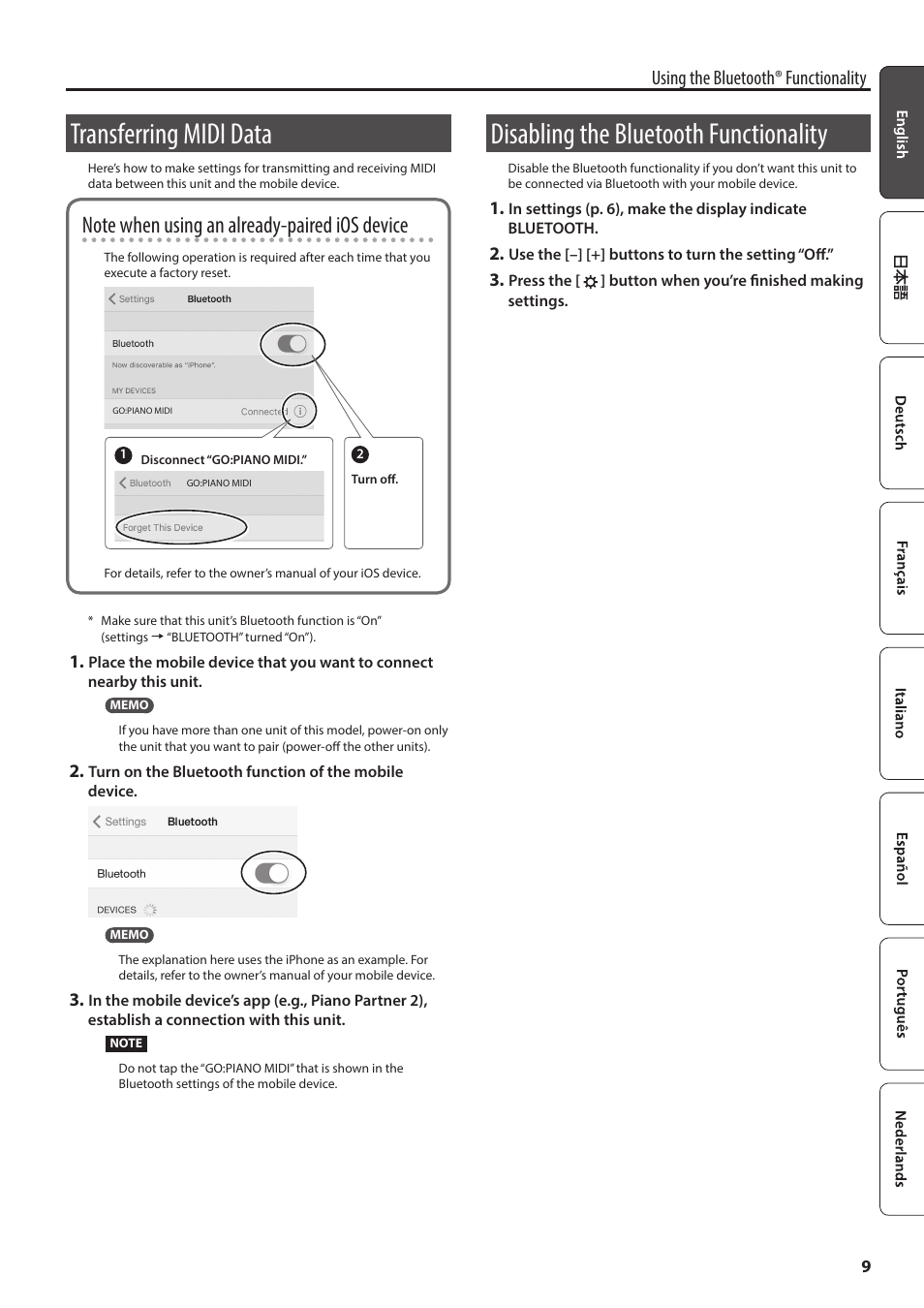 Transferring midi data, Disabling the bluetooth functionality, Using the bluetooth® functionality | Roland GO:PIANO 61-Key Touch-Sensitive Portable Keyboard User Manual | Page 9 / 13