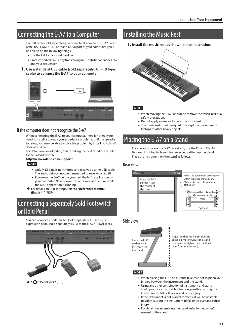 Connecting the e-a7 to a computer, Installing the music rest, Placing the e-a7 on a stand | Connecting your equipment, If the computer does not recognize the e-a7, Rear view, Side view | Roland E-A7 61 Key Expandable Arranger Keyboard User Manual | Page 11 / 60