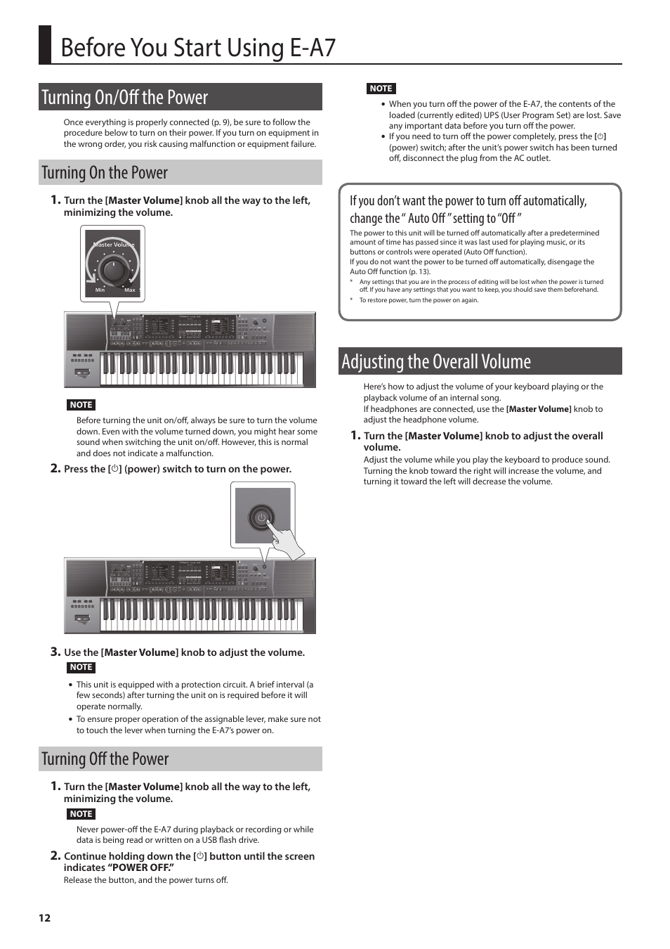 Before you start using e-a7, Turning on/off the power, Turning on the power | Turning off the power, Adjusting the overall volume, Er on (p. 12), Er off (p. 12) | Roland E-A7 61 Key Expandable Arranger Keyboard User Manual | Page 12 / 60