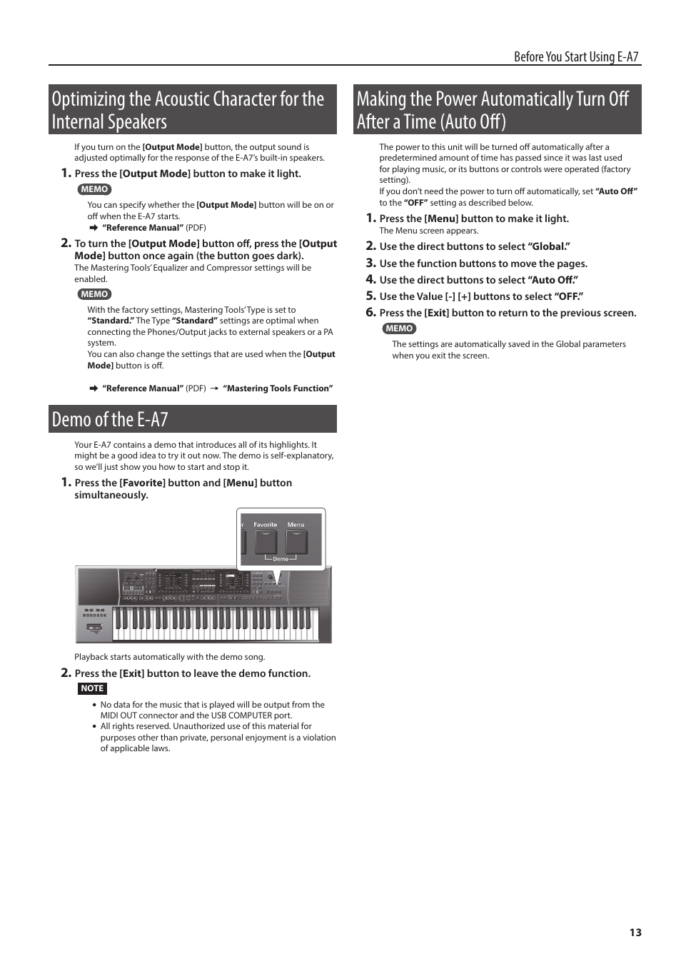 Demo of the e-a7, Auto off), Before you start using e-a7 | Roland E-A7 61 Key Expandable Arranger Keyboard User Manual | Page 13 / 60