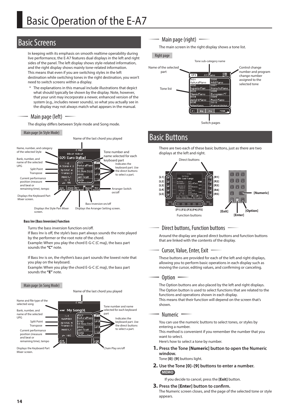 Basic operation of the e-a7, Basic screens, Basic buttons | Alue (p. 14), Alue (p. 14, Main page (left), Main page (right), Direct buttons, function buttons, Cursor, value, enter, exit, Option | Roland E-A7 61 Key Expandable Arranger Keyboard User Manual | Page 14 / 60