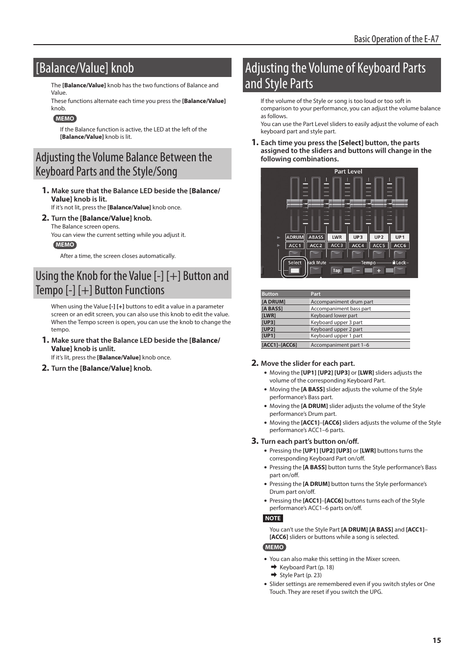 Balance/value] knob, Adjusting the volume balance between the keyboard, Parts and the style/song | Button functions, Basic operation of the e-a7 | Roland E-A7 61 Key Expandable Arranger Keyboard User Manual | Page 15 / 60