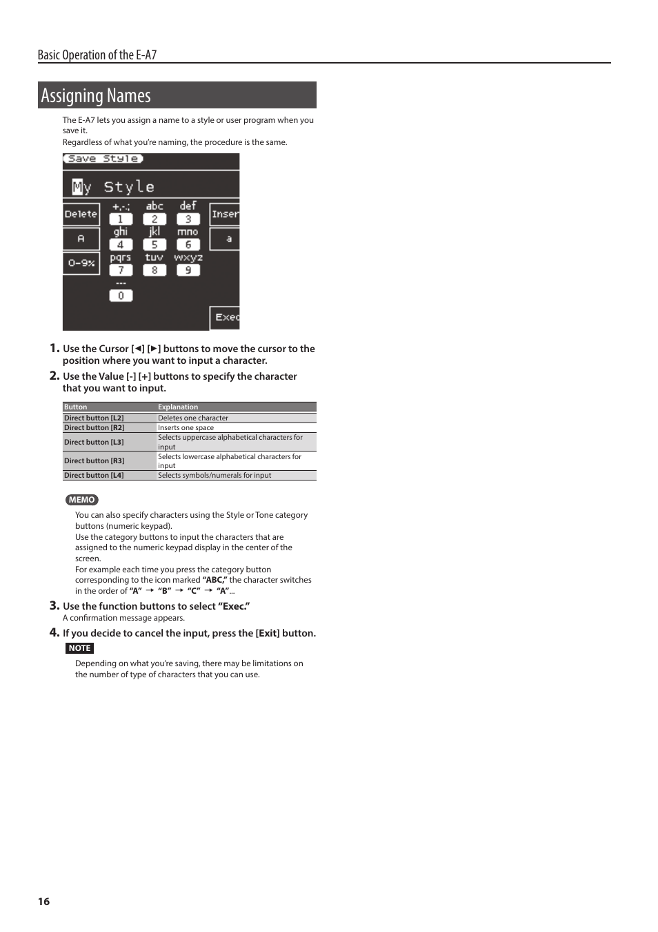 Assigning names, Basic operation of the e-a7 | Roland E-A7 61 Key Expandable Arranger Keyboard User Manual | Page 16 / 60