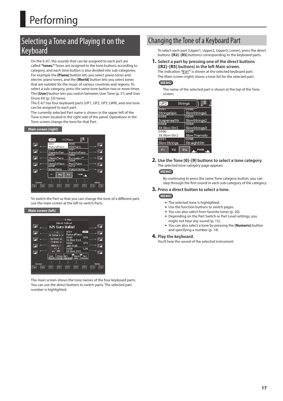Performing, Selecting a tone and playing it on the keyboard, Changing the tone of a keyboard part | P. 17) | Roland E-A7 61 Key Expandable Arranger Keyboard User Manual | Page 17 / 60