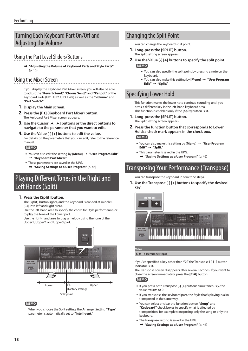 Changing the split point, Specifying lower hold, Transposing your performance (transpose) | Volume, Ion (p. 18), Using the part level sliders/buttons, Using the mixer screen, Performing | Roland E-A7 61 Key Expandable Arranger Keyboard User Manual | Page 18 / 60