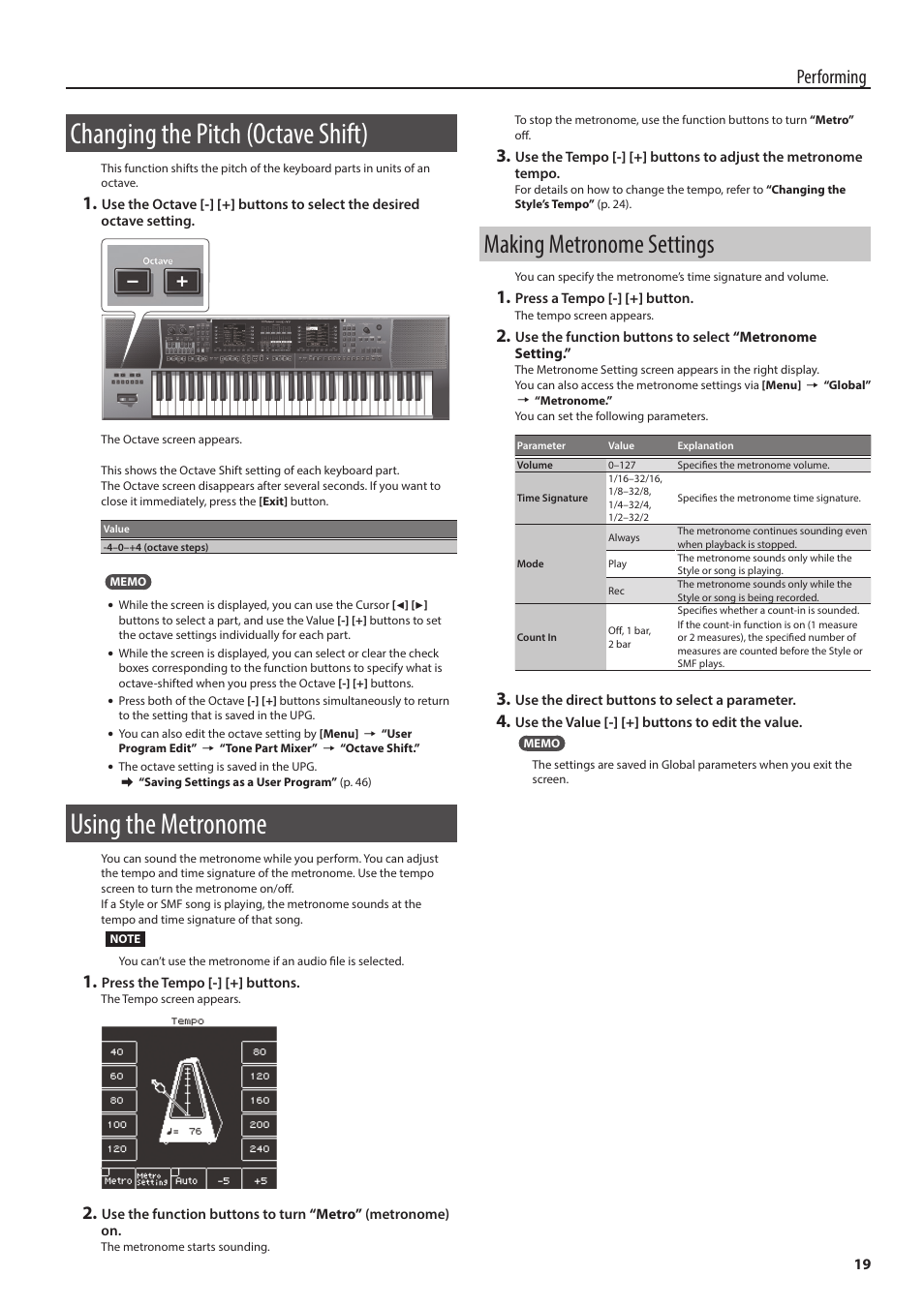 Changing the pitch (octave shift), Using the metronome, Making metronome settings | E (p. 19), Performing | Roland E-A7 61 Key Expandable Arranger Keyboard User Manual | Page 19 / 60