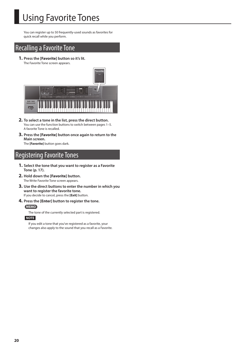 Using favorite tones, Recalling a favorite tone, Registering favorite tones | Ones (p. 20) | Roland E-A7 61 Key Expandable Arranger Keyboard User Manual | Page 20 / 60