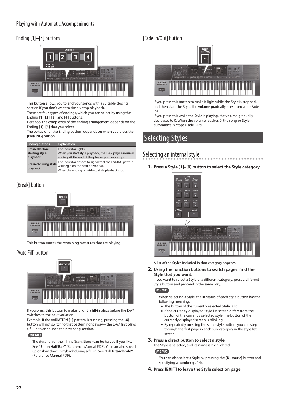 Selecting styles, Y (p. 22), Selecting an internal style | Break] button, Auto fill] button, Fade in/out] button | Roland E-A7 61 Key Expandable Arranger Keyboard User Manual | Page 22 / 60