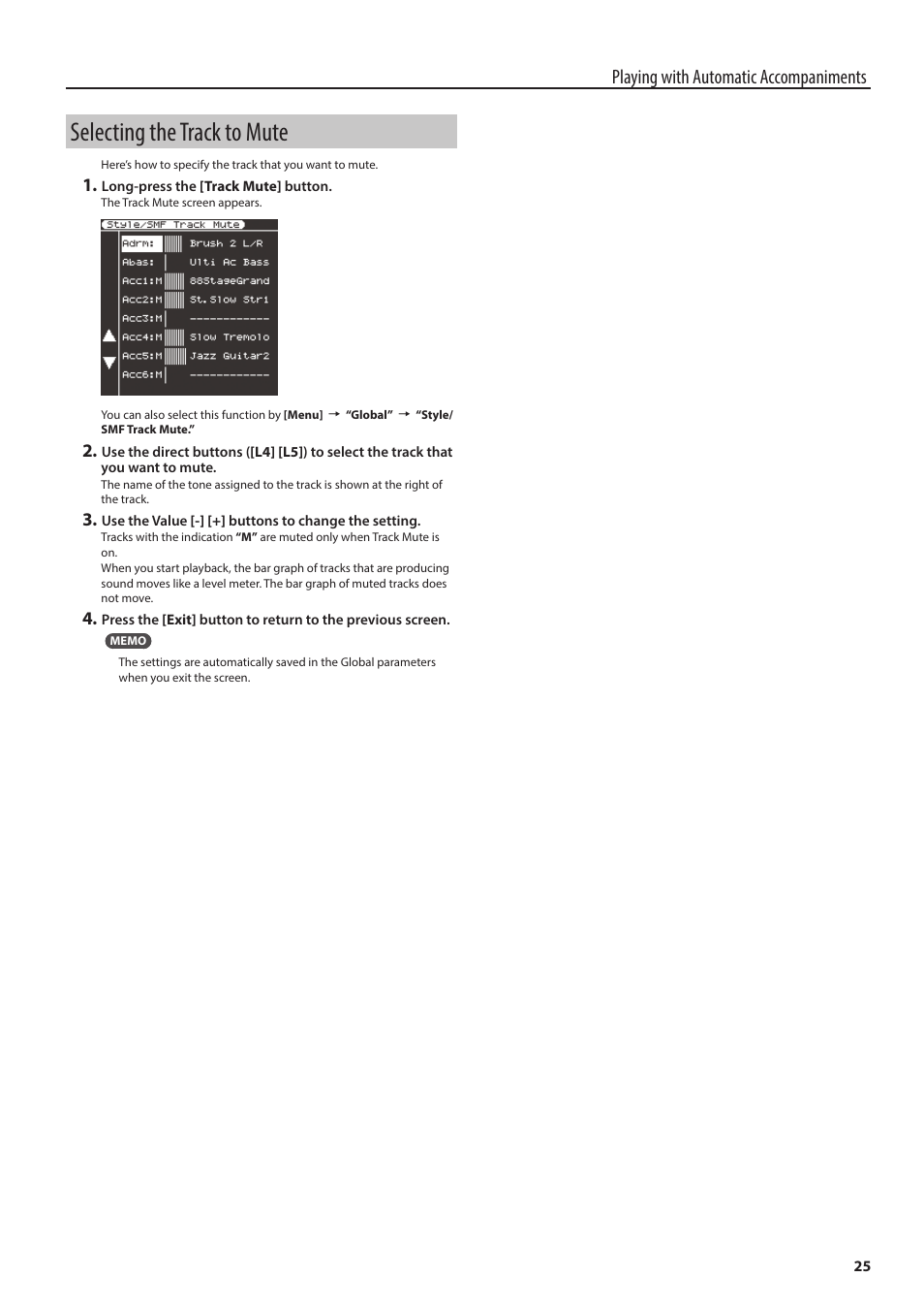 Selecting the track to mute, Playing with automatic accompaniments | Roland E-A7 61 Key Expandable Arranger Keyboard User Manual | Page 25 / 60