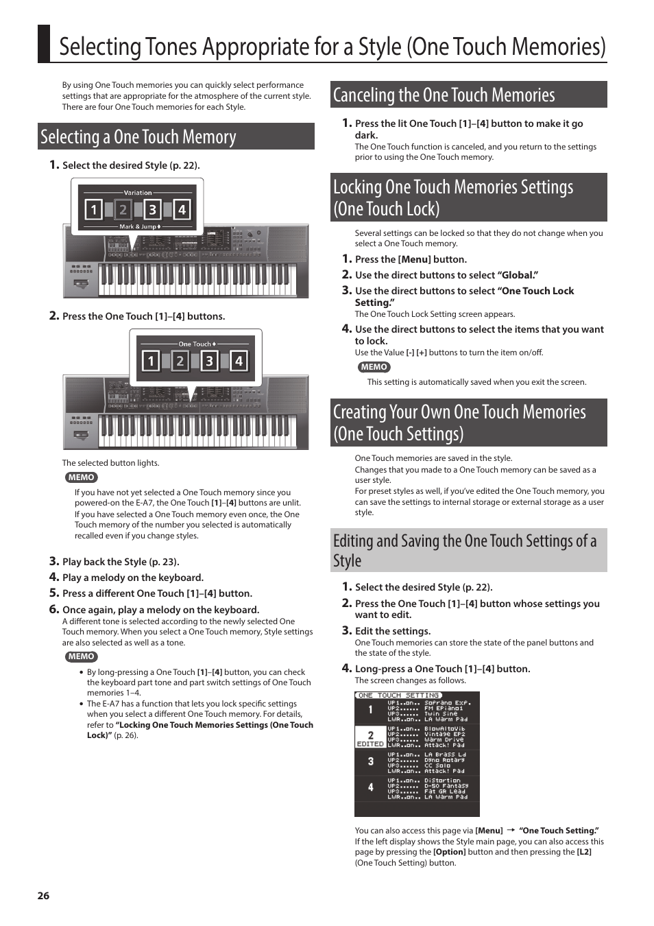 Selecting a one touch memory, Canceling the one touch memories, Selecting tones appropriate for a style | One touch memories), Ies (p. 26) | Roland E-A7 61 Key Expandable Arranger Keyboard User Manual | Page 26 / 60